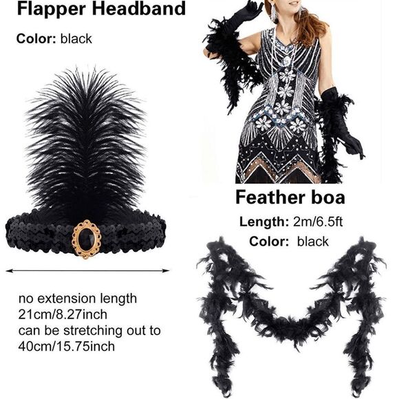 🖤✨ 5PCS 1920s Black Accessories Flapper Great Gatsby Retro Costume Set NEW - Picture 5 of 16